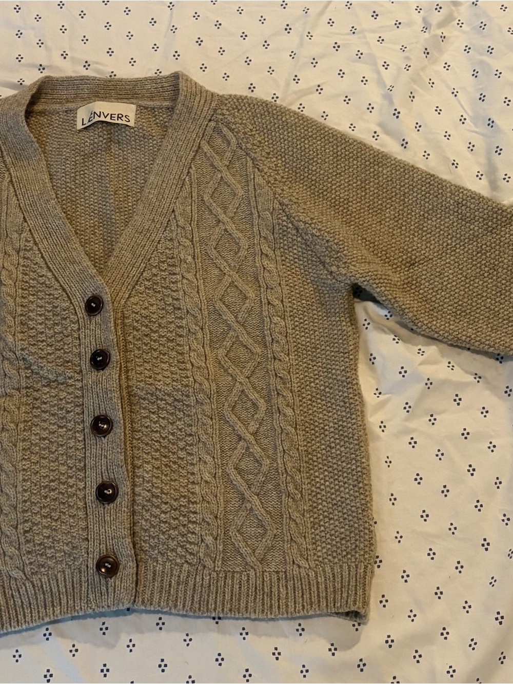 Lenvers “Annie” Beige Cable Knit Button-Front Cardigan in Merino Wool